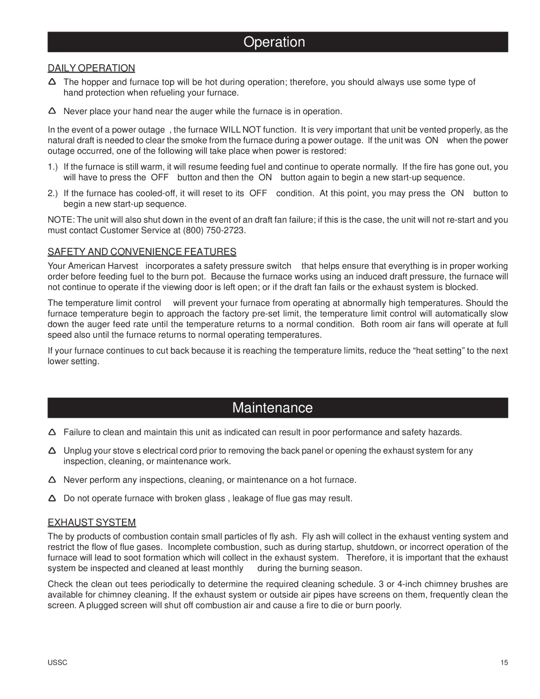 United States Stove 6110 owner manual Maintenance, Daily Operation, Safety and Convenience Features, Exhaust System 