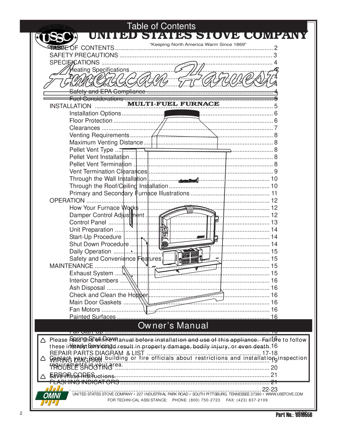 United States Stove 6110 owner manual Table of Contents 