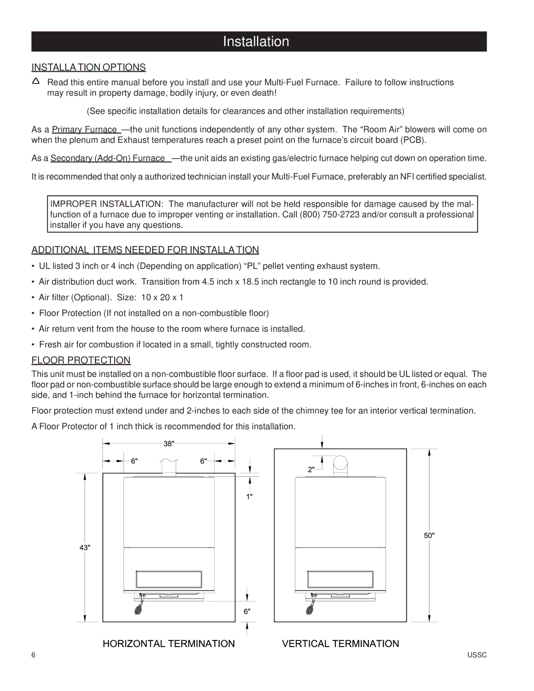 United States Stove 6110 owner manual Installation Options, Additional Items Needed for Installation, Floor Protection 