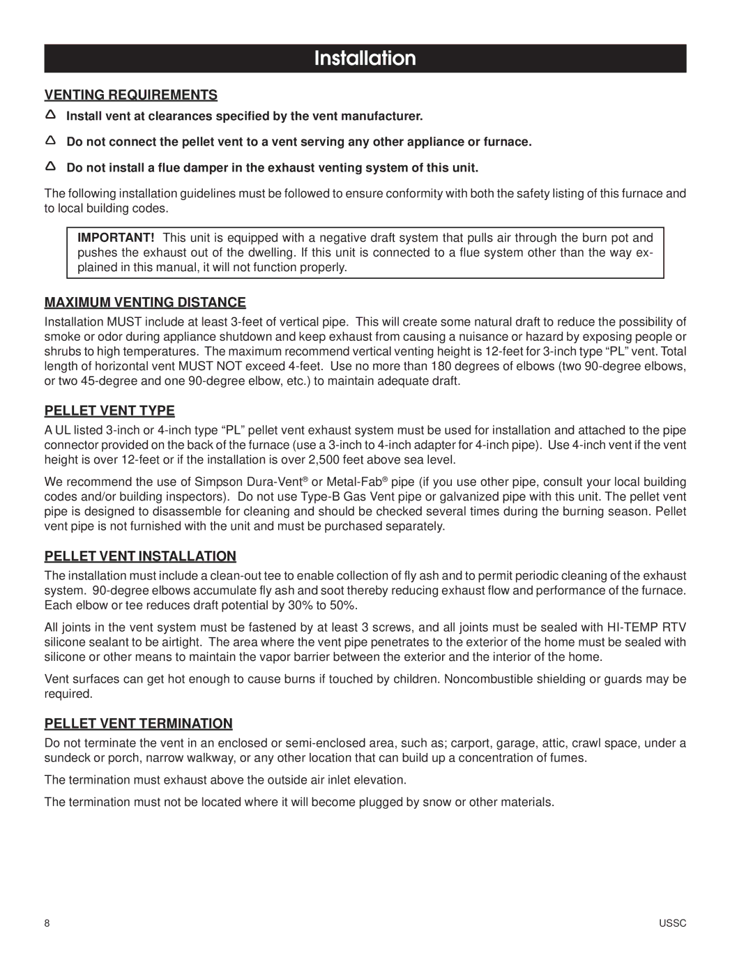United States Stove 6110 Venting Requirements, Maximum Venting Distance, Pellet Vent Type, Pellet Vent Installation 