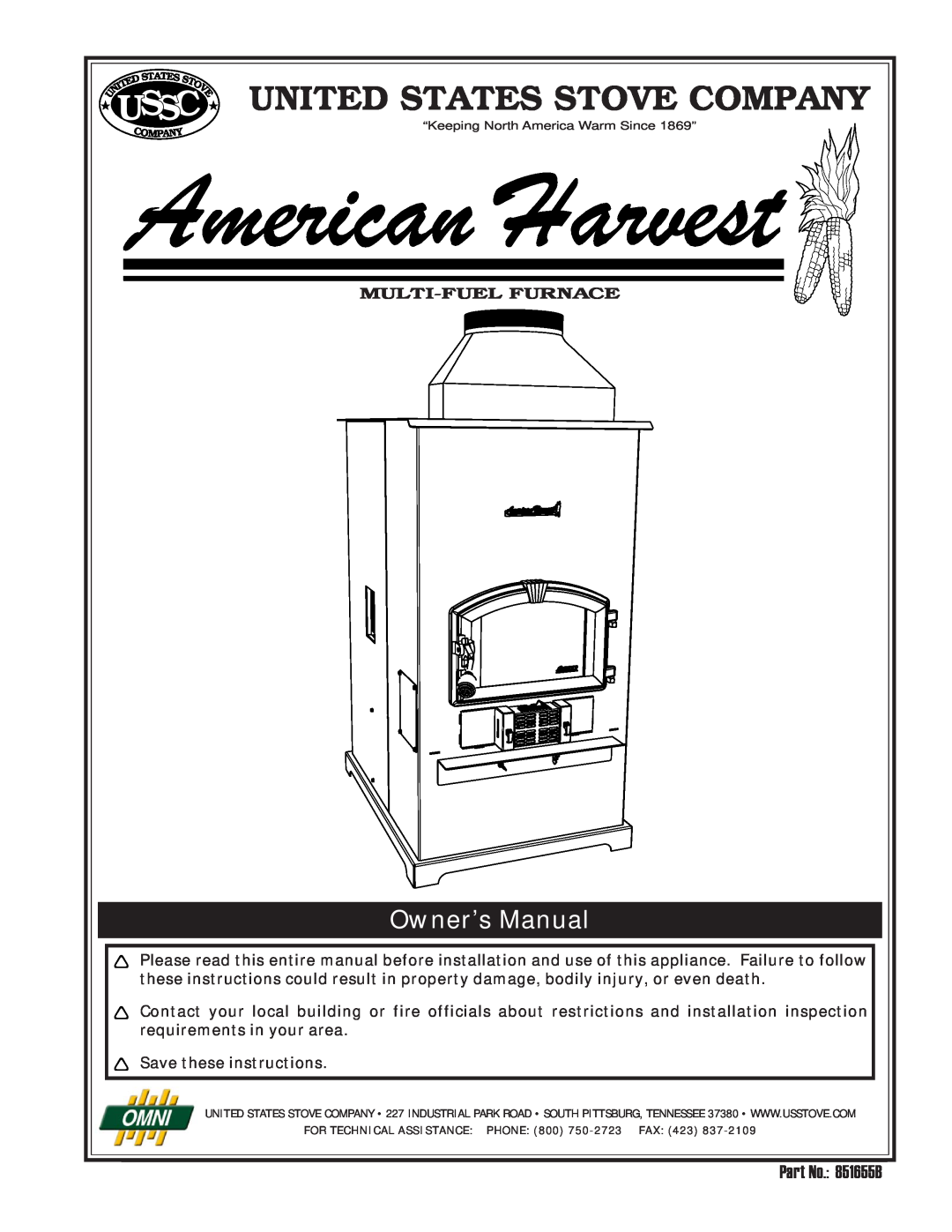 United States Stove 6110 owner manual United States Stove Company, Ussc, Part No. 851655B, Multi-Fuelfurnace 
