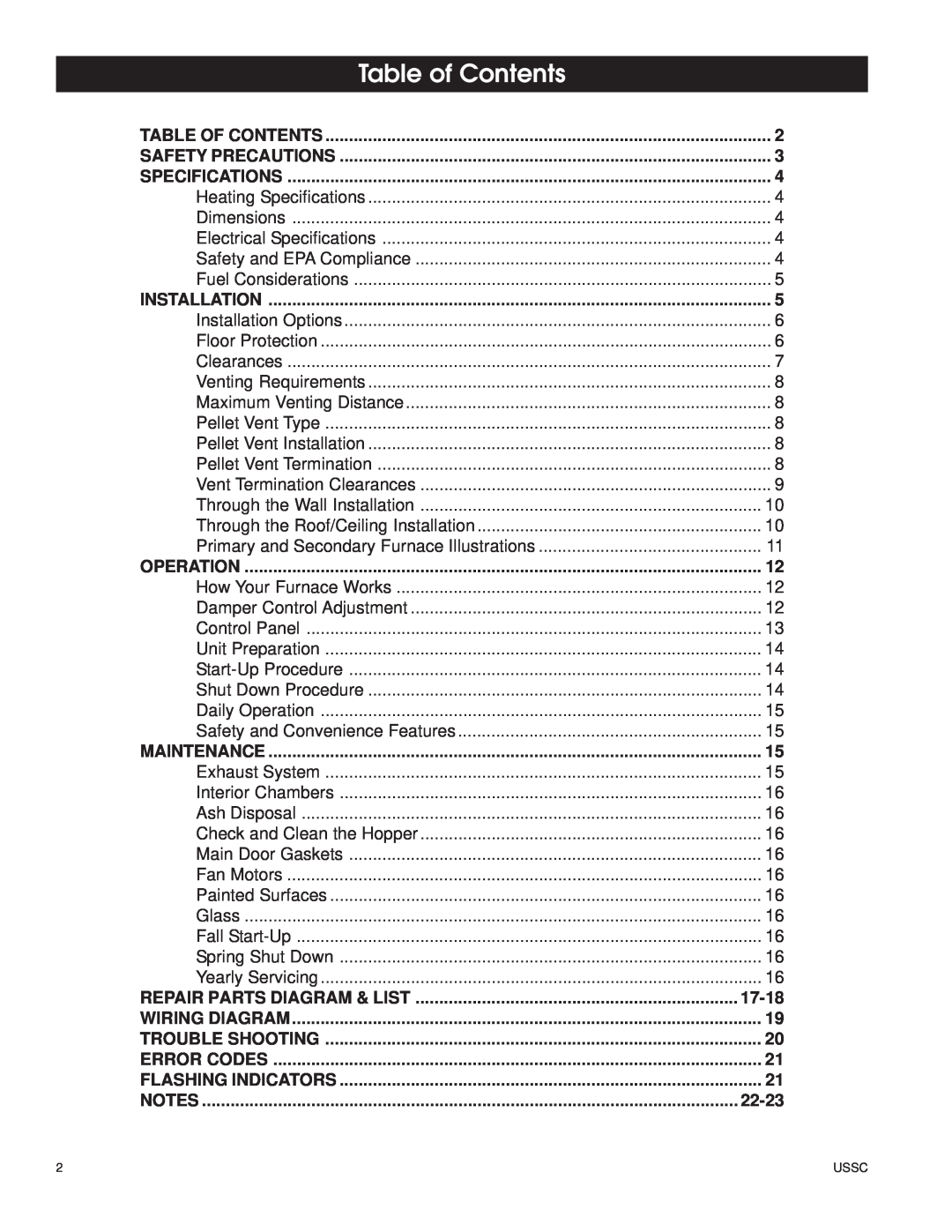 United States Stove 6110 owner manual Table of Contents, Repair Parts Diagram & List, 17-18, 22-23 