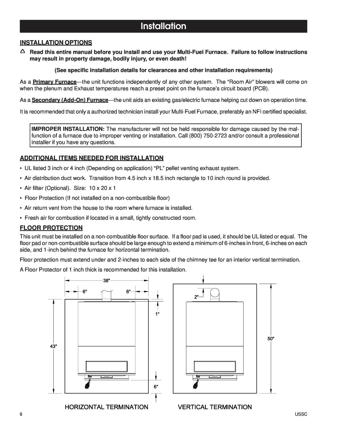 United States Stove 6110 owner manual Installation Options, Additional Items Needed For Installation, Floor Protection 