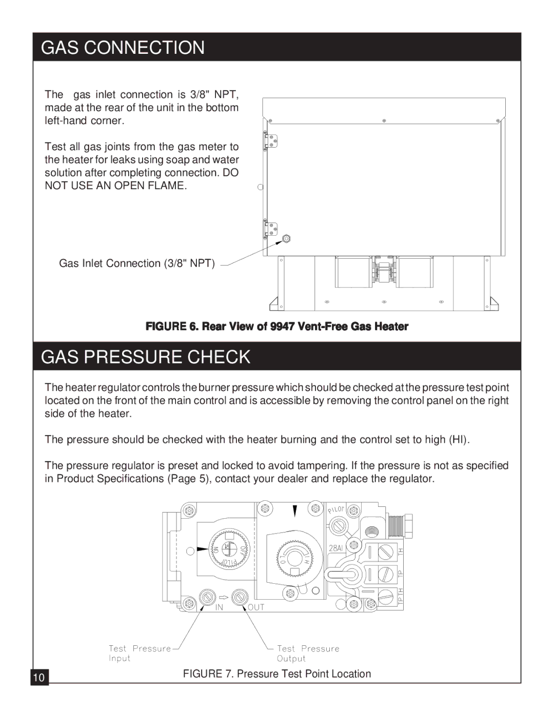 United States Stove installation manual GAS Pressure Check, Rear View of 9947 Vent-Free Gas Heater 