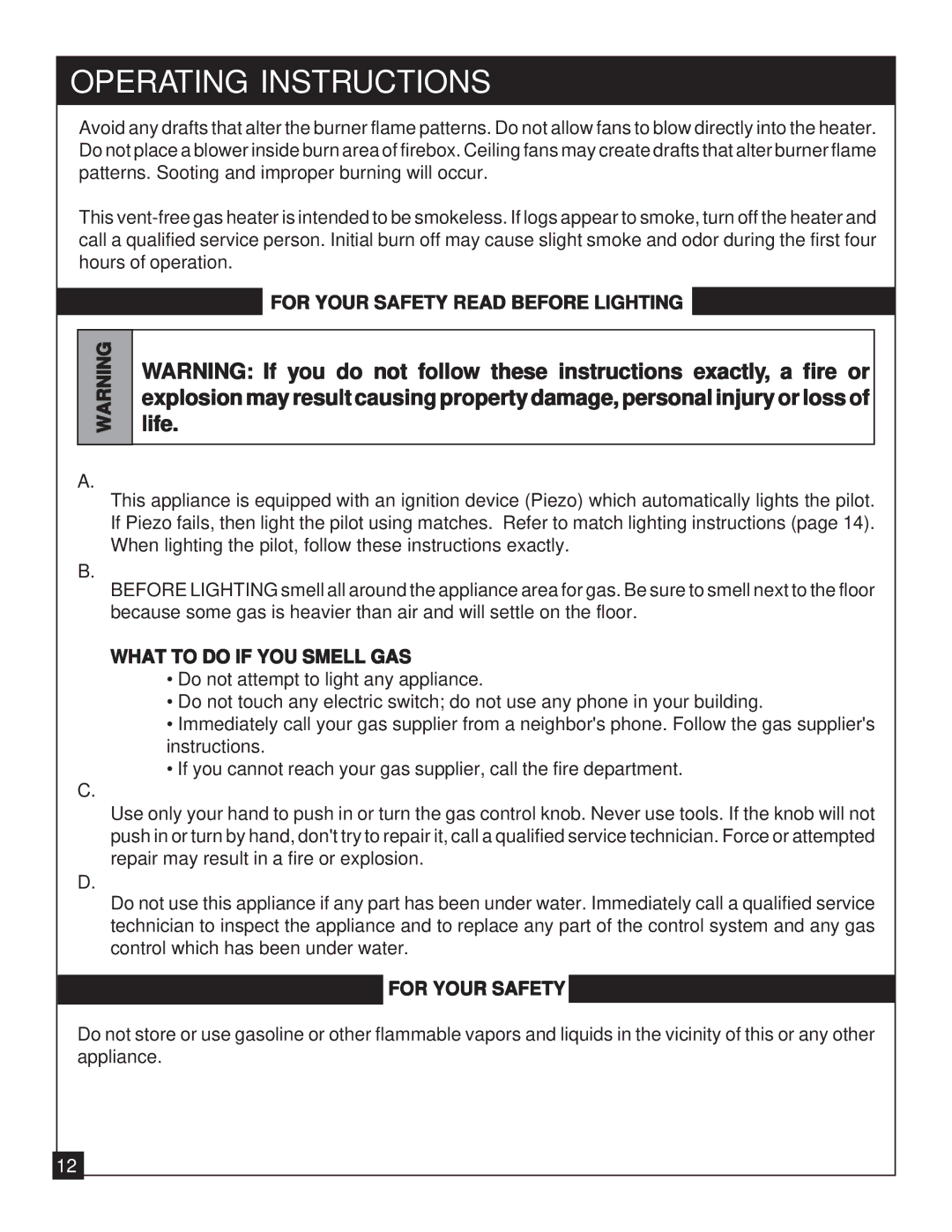 United States Stove 9947 Operating Instructions, For Your Safety Read Before Lighting, What to do if YOU Smell GAS 