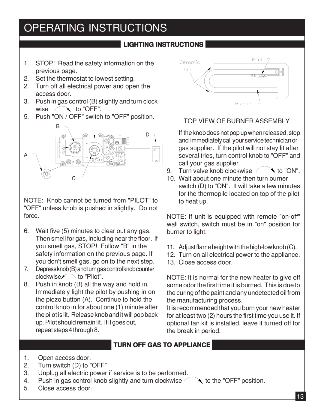 United States Stove 9947 installation manual Lighting Instructions, Turn OFF GAS to Appliance 