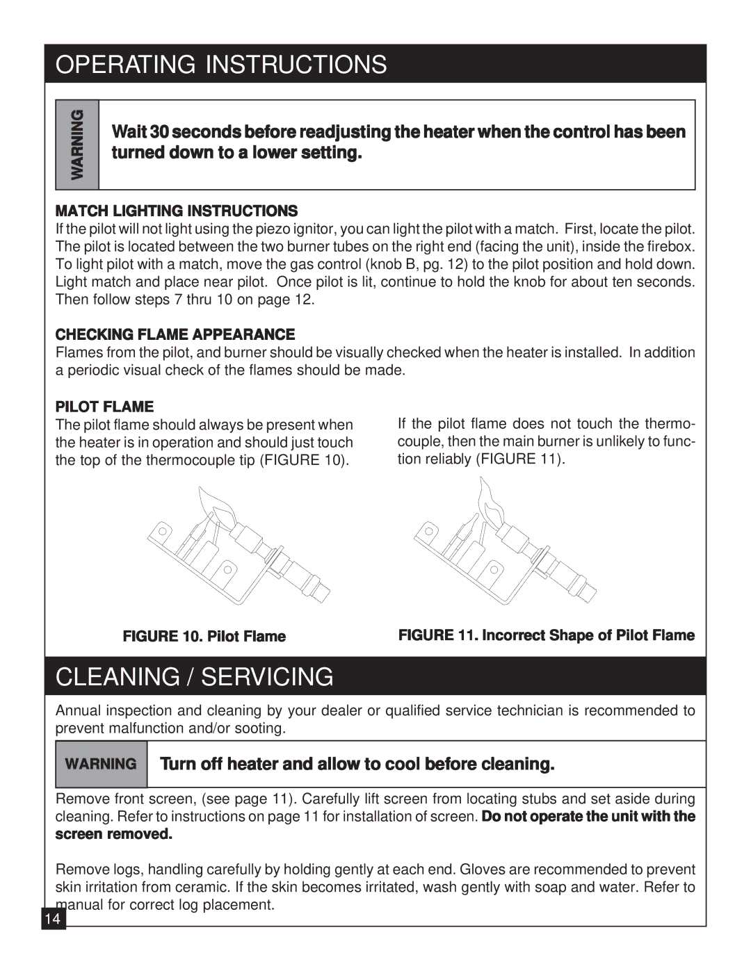 United States Stove 9947 Cleaning / Servicing, Match Lighting Instructions, Checking Flame Appearance, Pilot Flame 