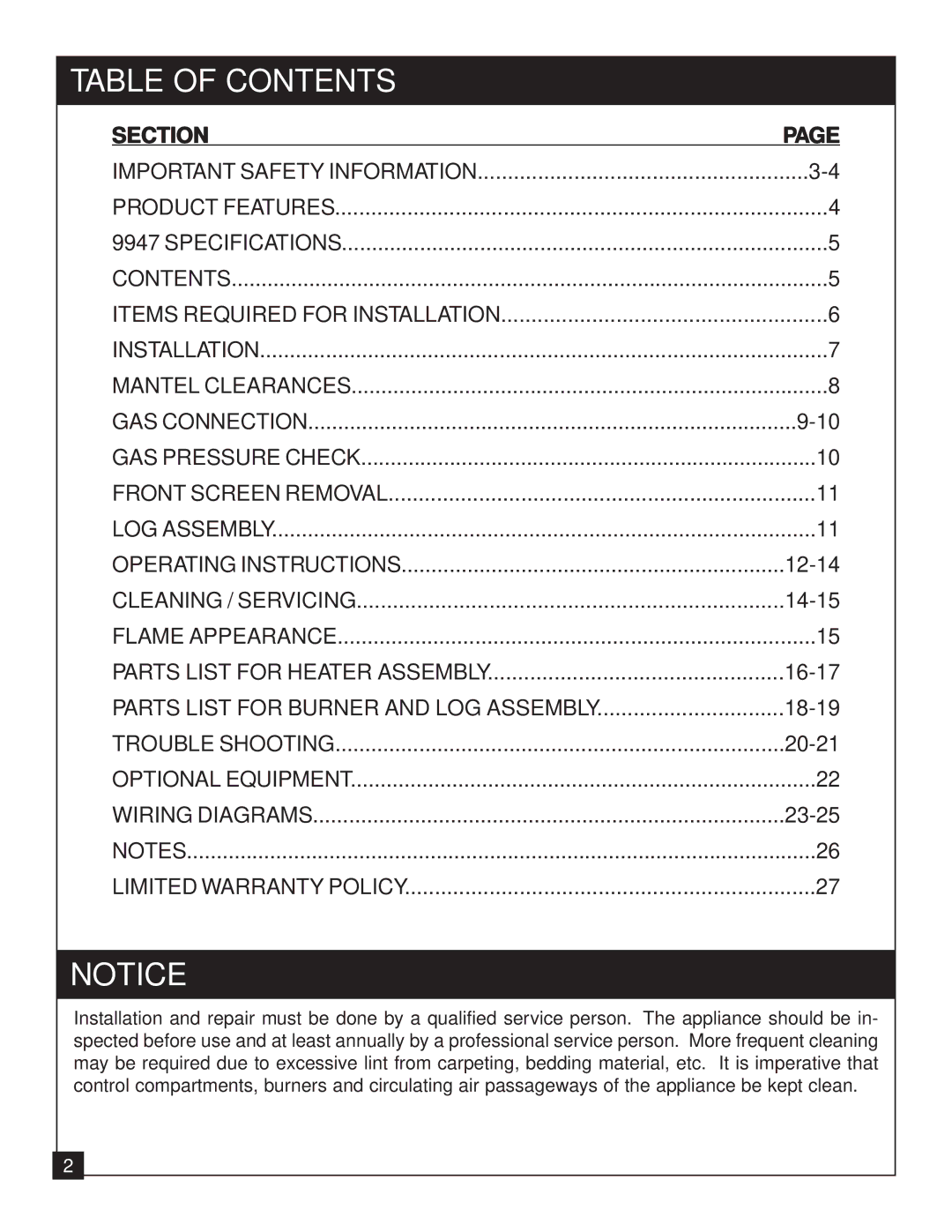 United States Stove 9947 installation manual Table of Contents 