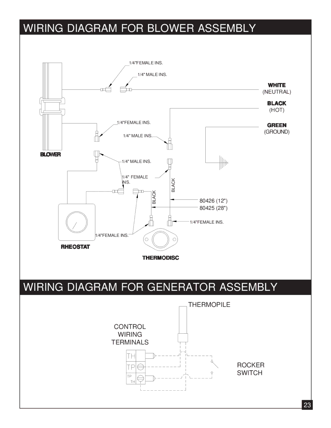 United States Stove 9947 installation manual Wiring Diagram for Blower Assembly, Wiring Diagram for Generator Assembly 