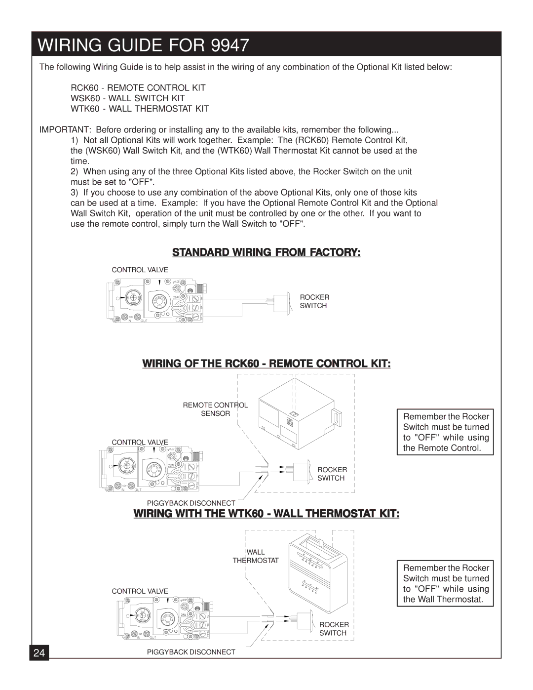 United States Stove 9947 Wiring Guide for, Standard Wiring from Factory, Wiring of the RCK60 Remote Control KIT 