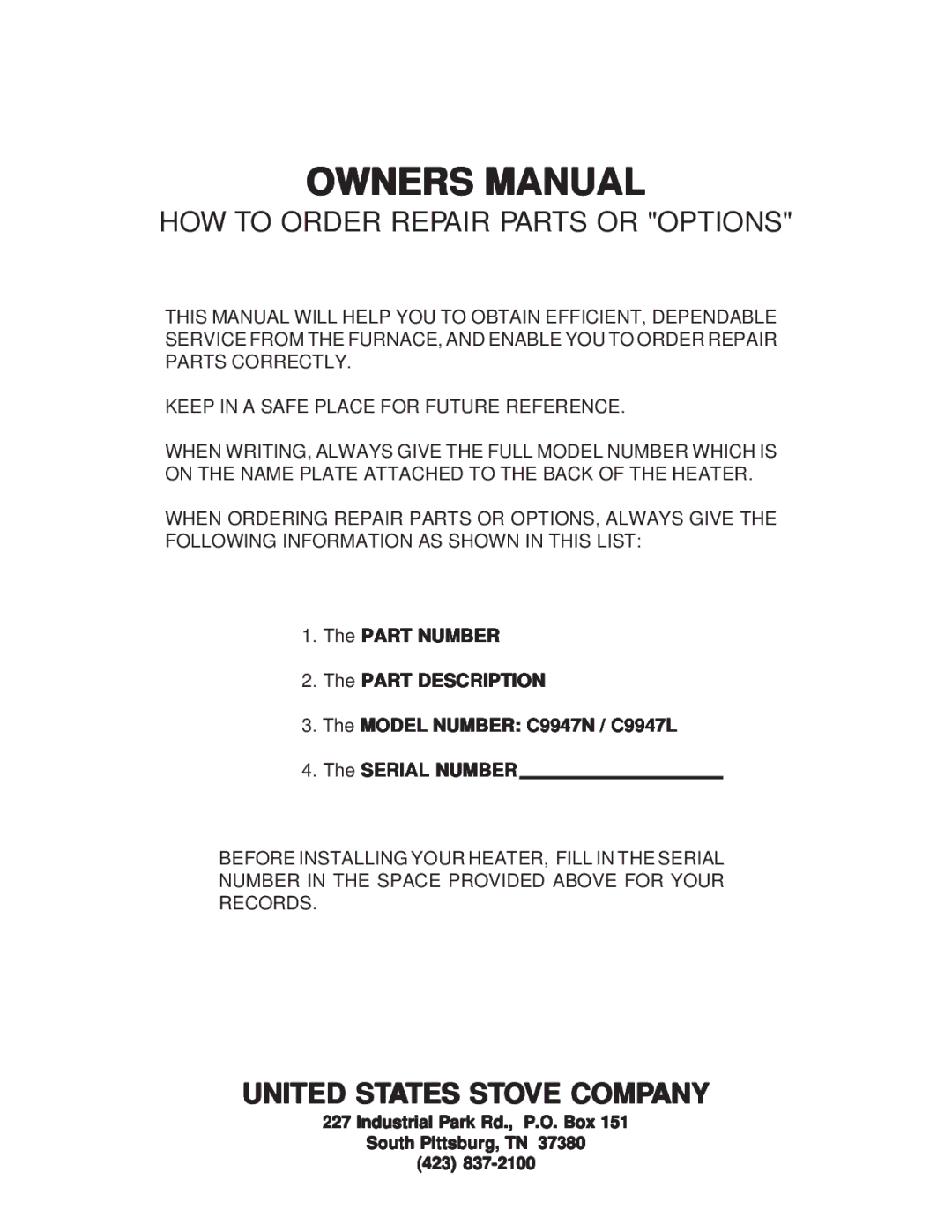 United States Stove 9947 installation manual United States Stove Company 