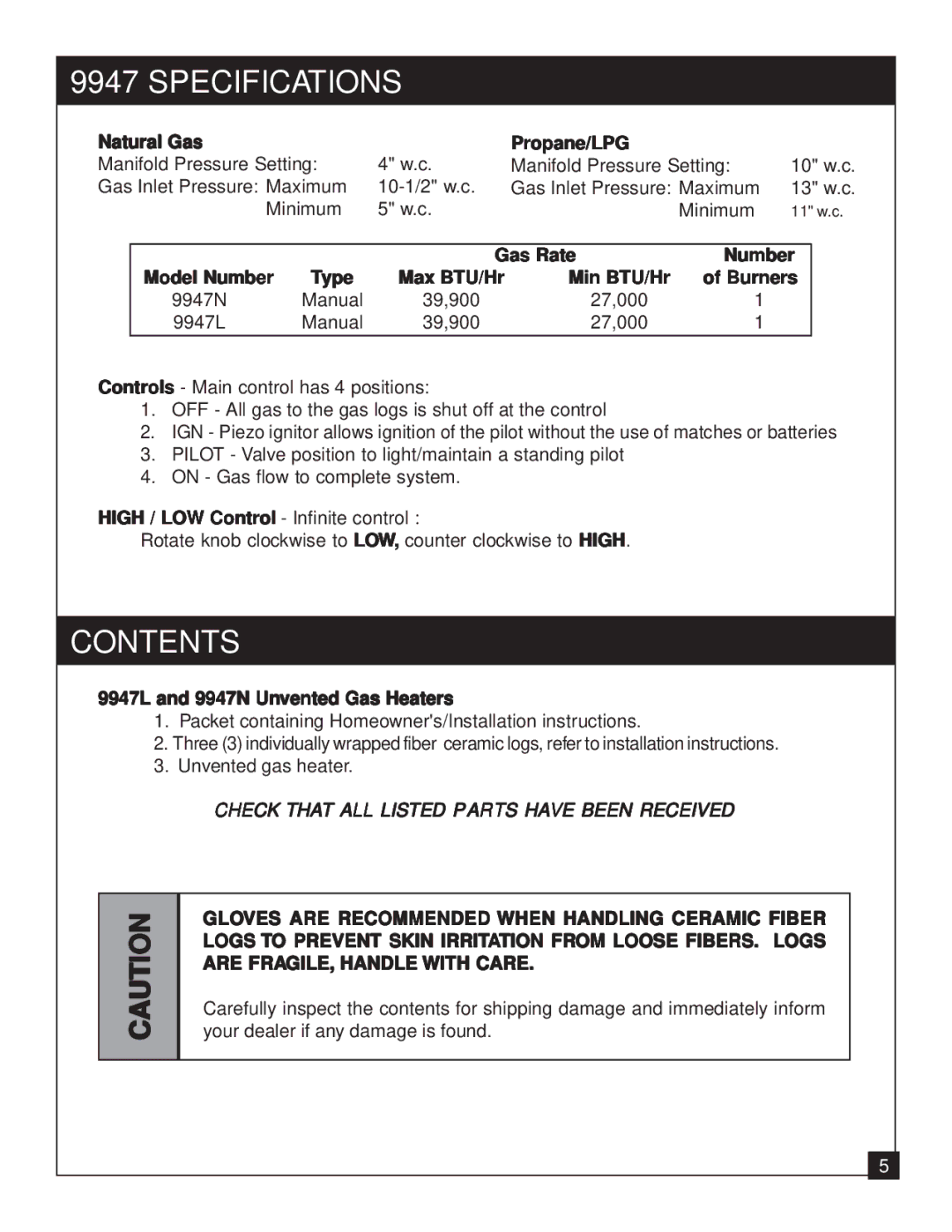 United States Stove 9947 installation manual Specifications, Contents 