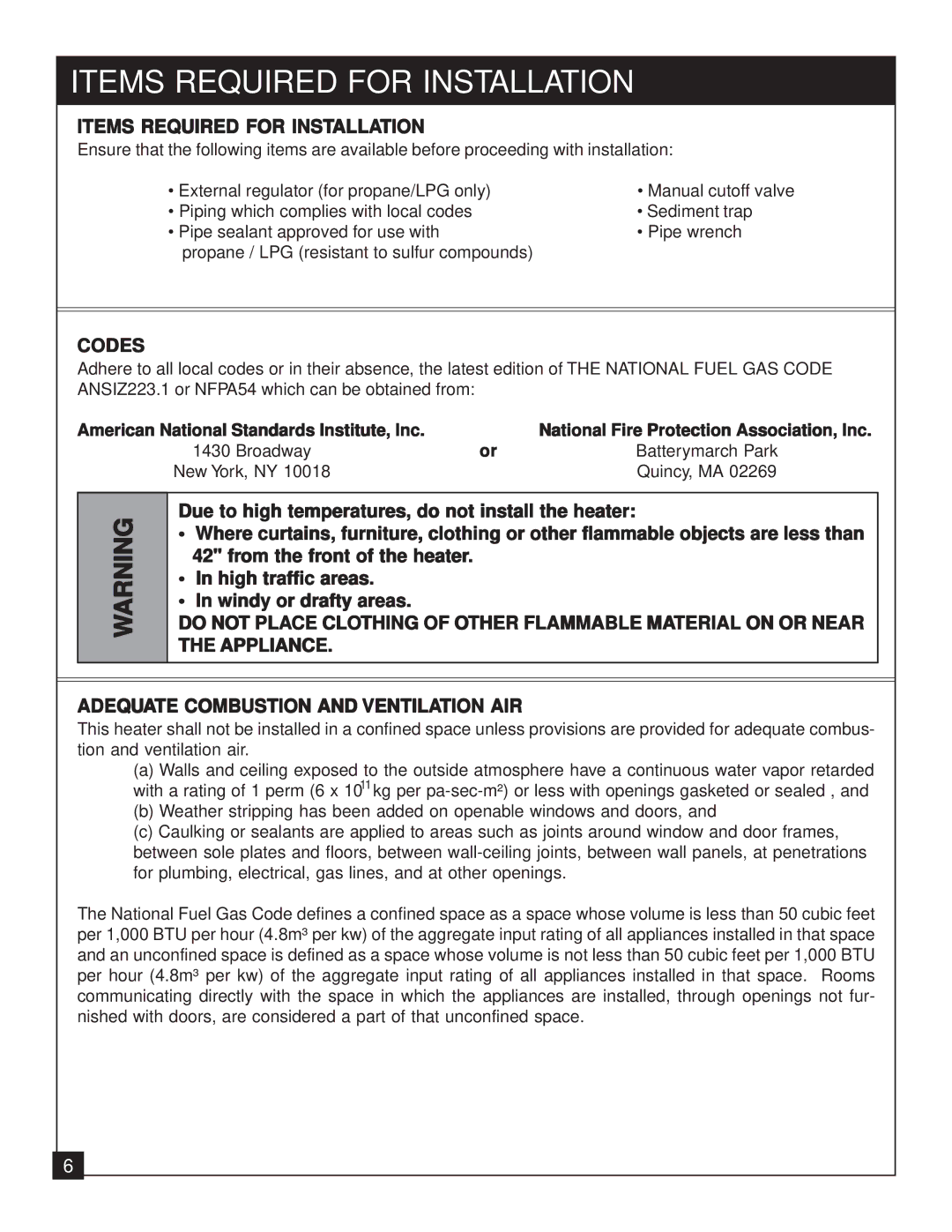 United States Stove 9947 installation manual Items Required for Installation, Codes 