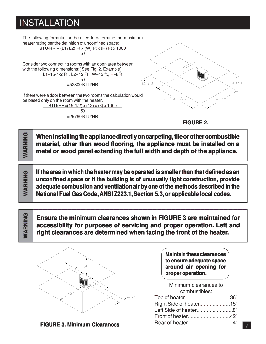 United States Stove 9947 installation manual Installation, Around air opening for Proper operation 