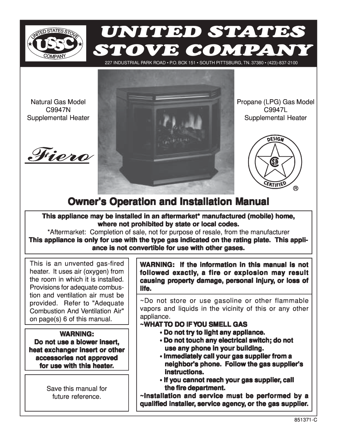 United States Stove 9947 installation manual Owners Operation and Installation Manual, Fiero, United States Stove Company 