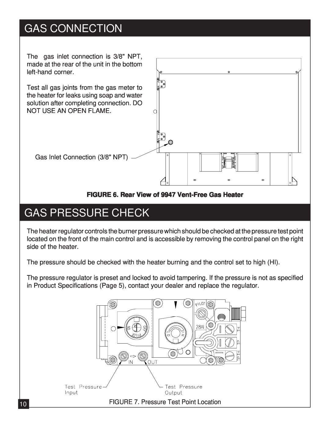 United States Stove installation manual Gas Pressure Check, Gas Connection, Rear View of 9947 Vent-FreeGas Heater 