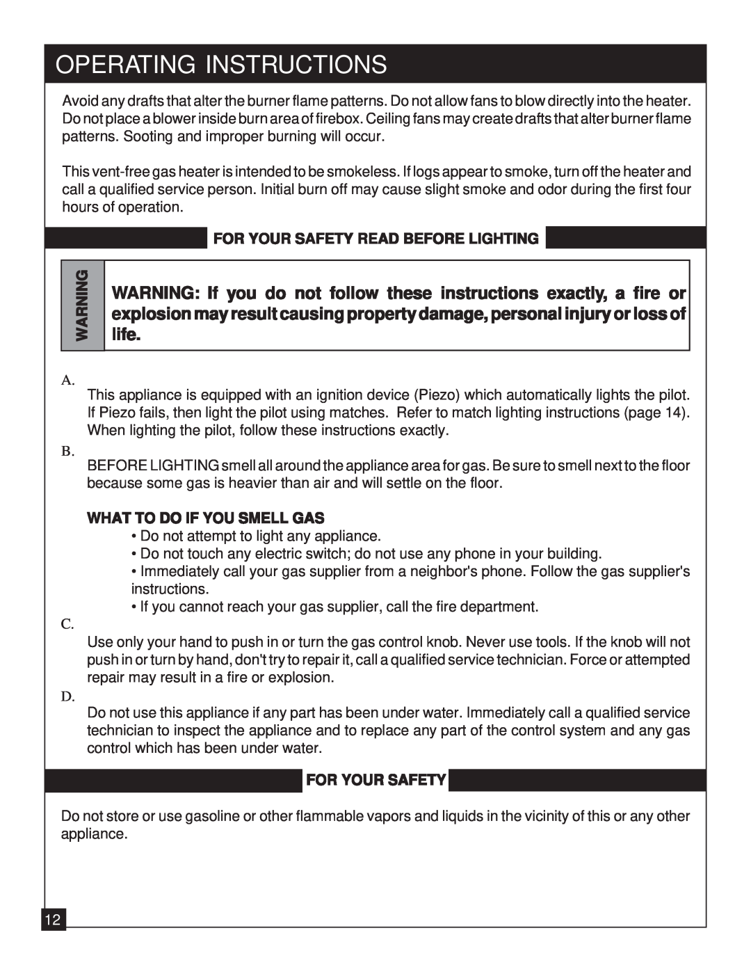 United States Stove 9947 Operating Instructions, For Your Safety Read Before Lighting, What To Do If You Smell Gas 