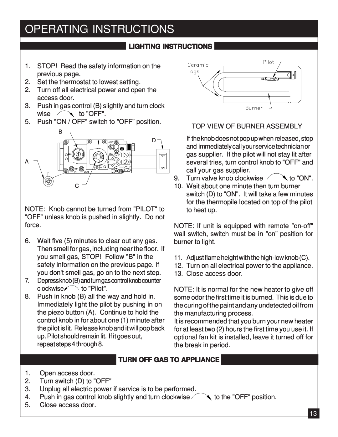 United States Stove 9947 installation manual Operating Instructions, Lighting Instructions, Turn Off Gas To Appliance 