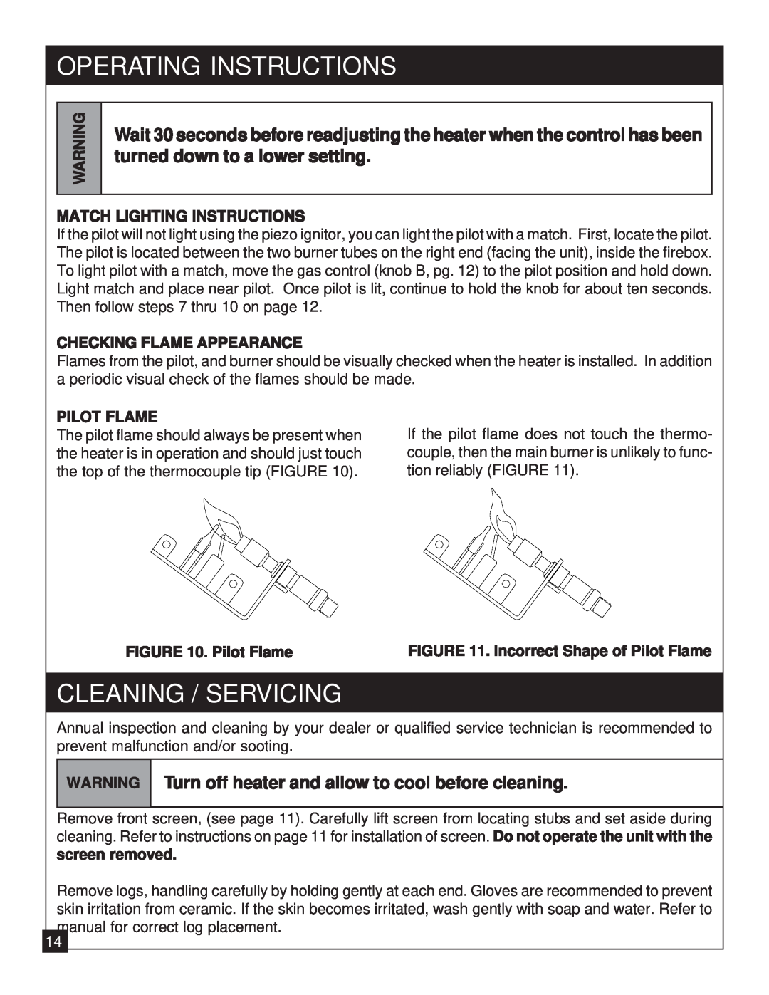 United States Stove 9947 Cleaning / Servicing, Turn off heater and allow to cool before cleaning, Operating Instructions 