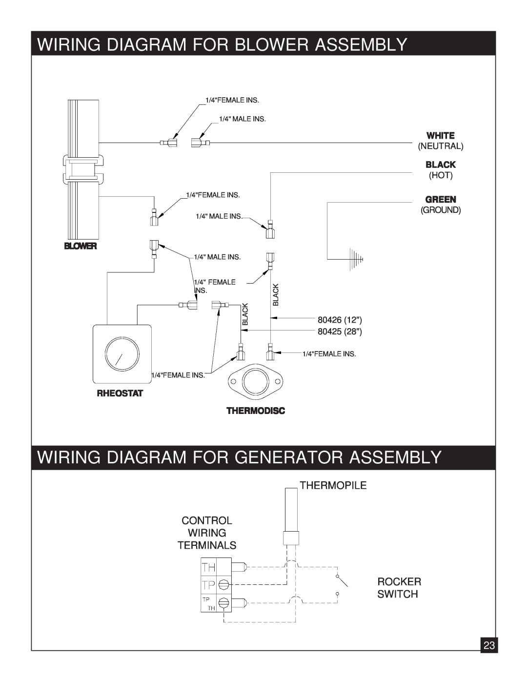 United States Stove 9947 Wiring Diagram For Blower Assembly, Wiring Diagram For Generator Assembly, White, Black, Green 