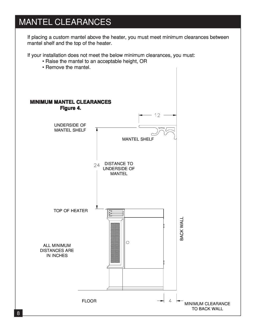 United States Stove 9947 installation manual Mantel Clearances, MINIMUM MANTEL CLEARANCES Figure 