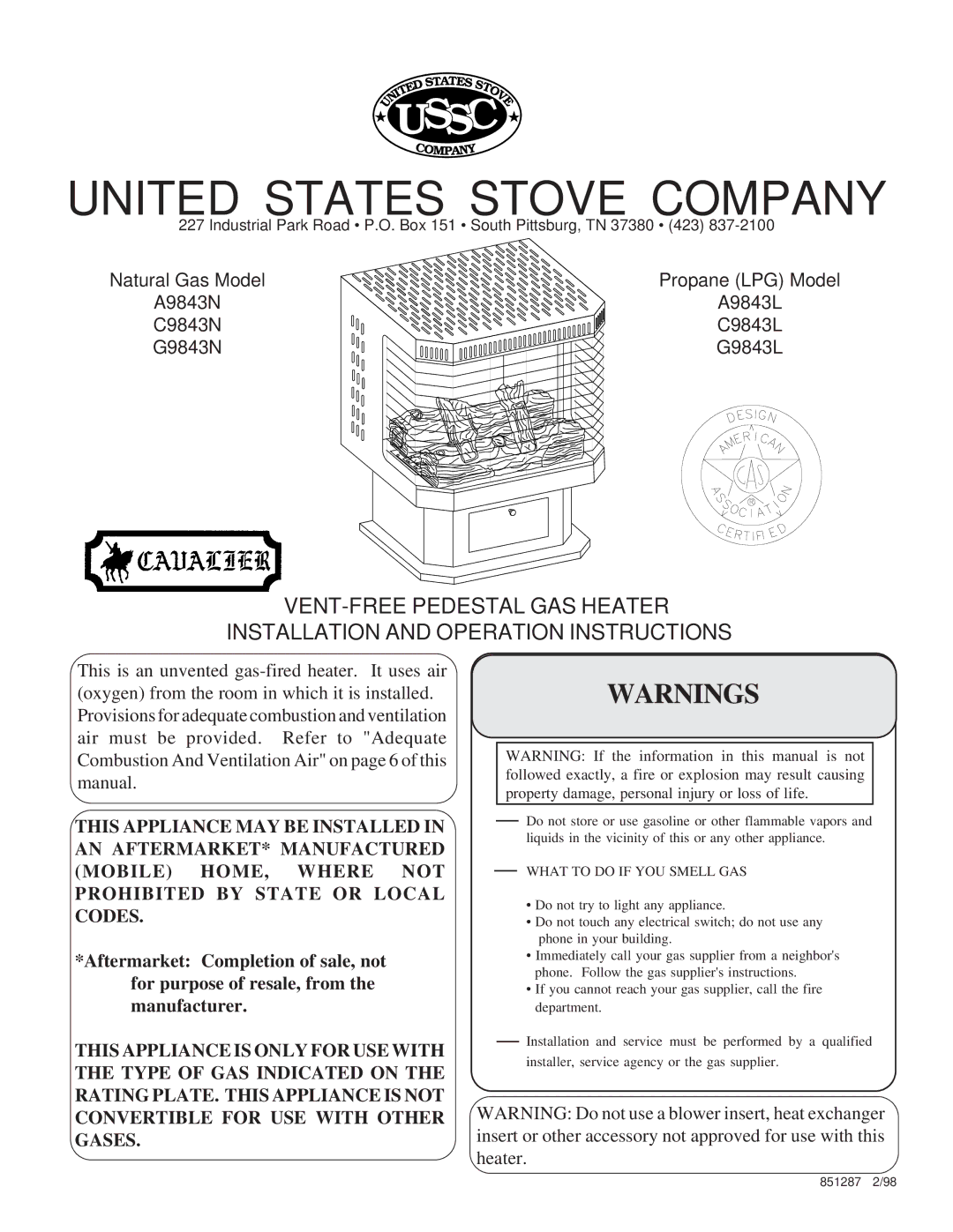 United States Stove G9843L, A9843N, C9843N, A9843L, G9843N, C9843L manual United States Stove Company 