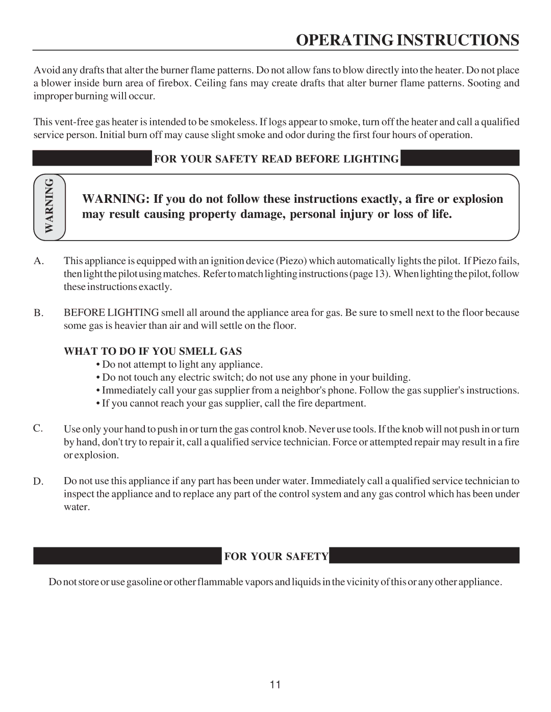 United States Stove C9843L manual Operating Instructions, For Your Safety Read Before Lighting, What to do if YOU Smell GAS 