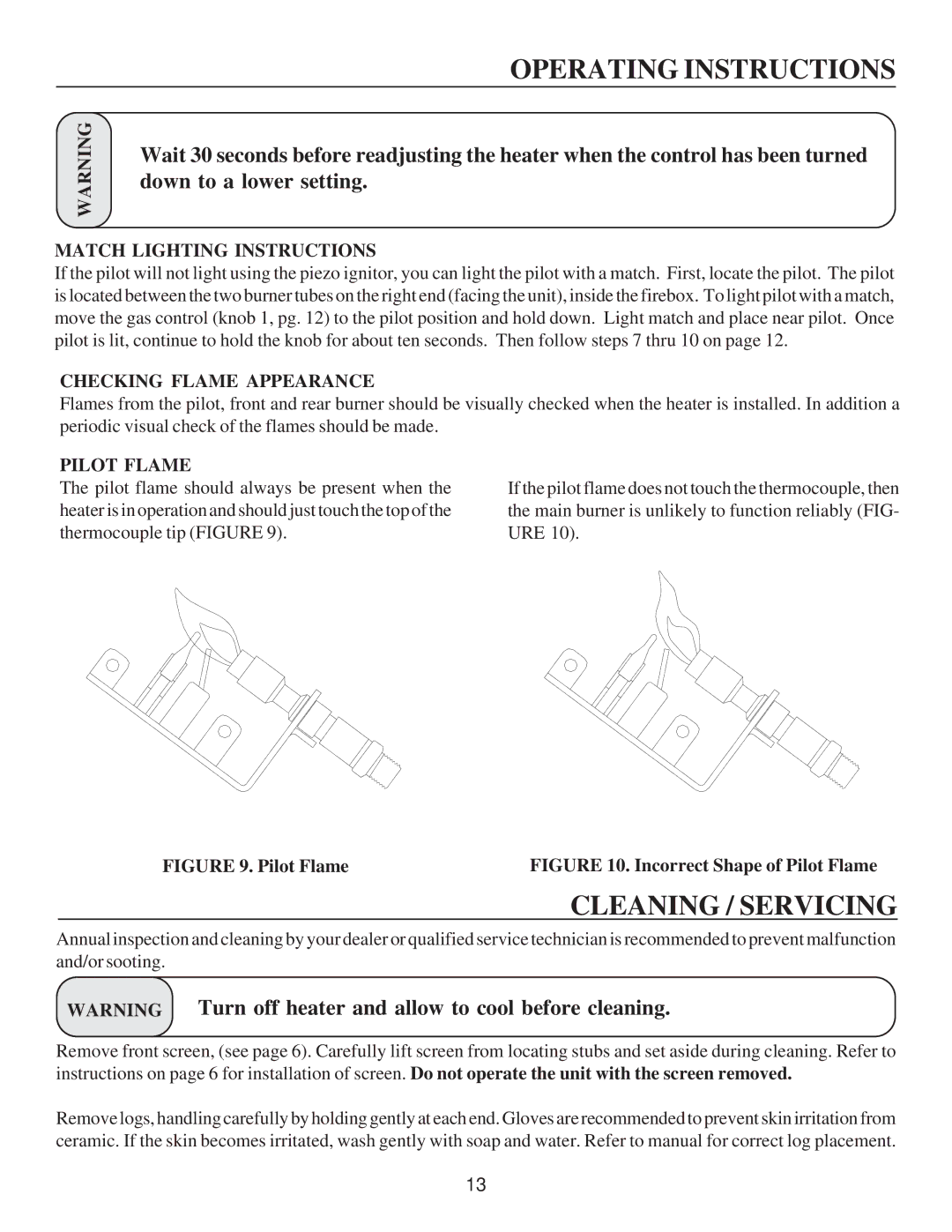 United States Stove G9843L manual Cleaning / Servicing, Match Lighting Instructions, Checking Flame Appearance, Pilot Flame 