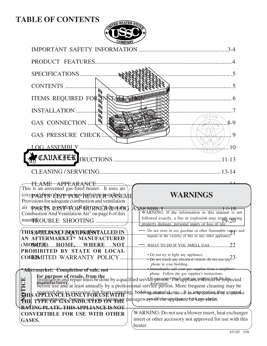 United States Stove C9843N, A9843N, G9843L, A9843L, G9843N, C9843L manual Table of Contents 