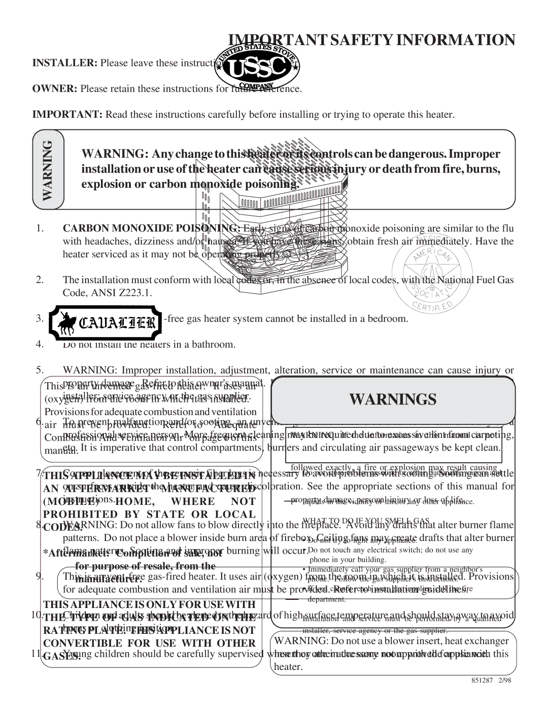 United States Stove A9843L, A9843N, G9843L, C9843N, G9843N, C9843L manual Important Safety Information 