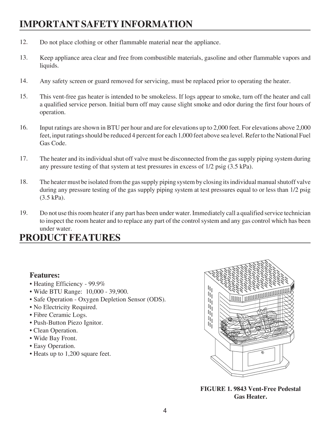 United States Stove G9843N, A9843N, G9843L, C9843N, A9843L, C9843L manual Product Features 