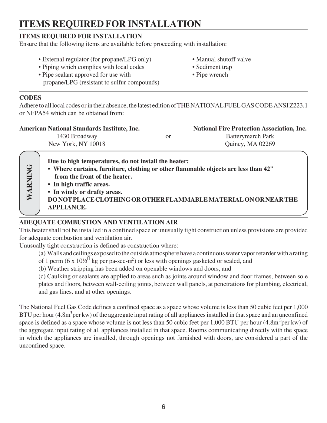 United States Stove A9843N, G9843L, C9843N, A9843L, G9843N, C9843L manual Items Required for Installation, Codes 