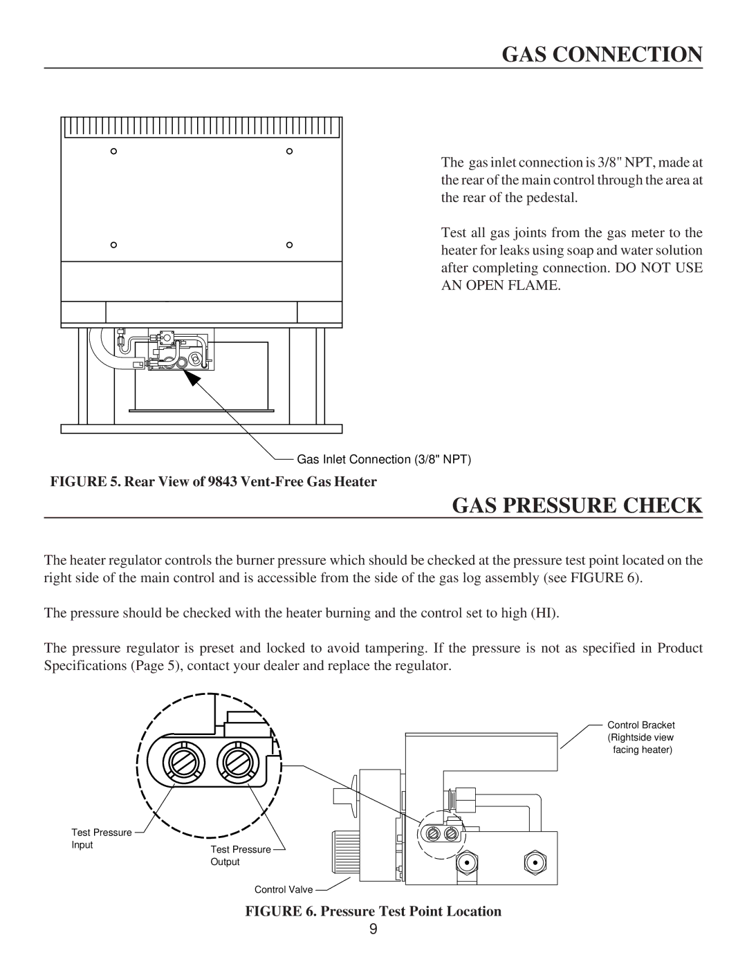 United States Stove A9843L, A9843N, G9843L, C9843N, G9843N, C9843L GAS Pressure Check, Rear View of 9843 Vent-Free Gas Heater 