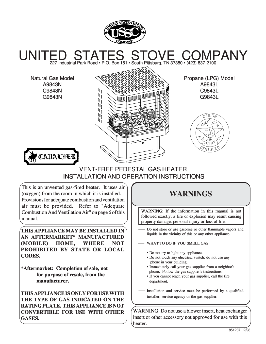 United States Stove G9843L, A9843N, C9843N, A9843L manual Ussc, Warnings, United States Stove Company, Es S, 851287 2/98 