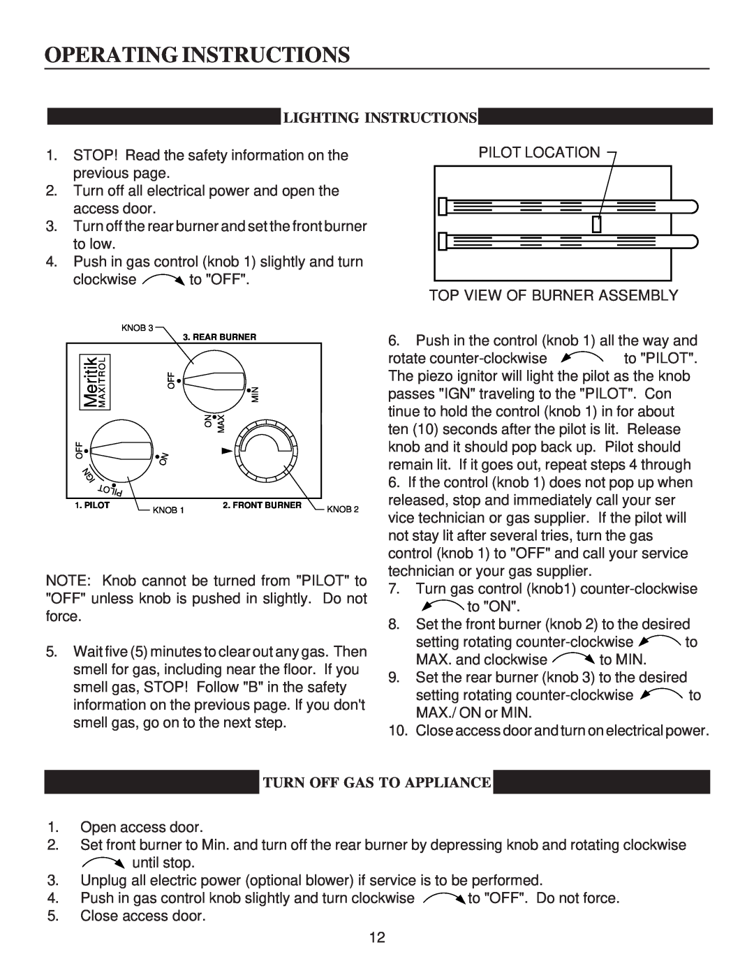 United States Stove A9843N, G9843L, C9843N, A9843L Operating Instructions, Lighting Instructions, Turn Off Gas To Appliance 