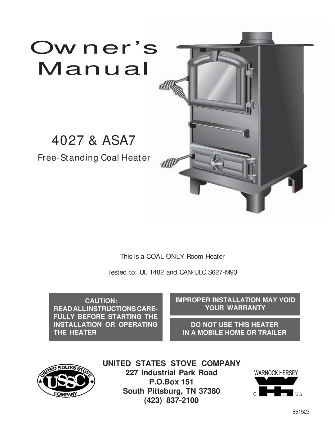 United States Stove 4027, ASA7 owner manual Owner’s Manual 