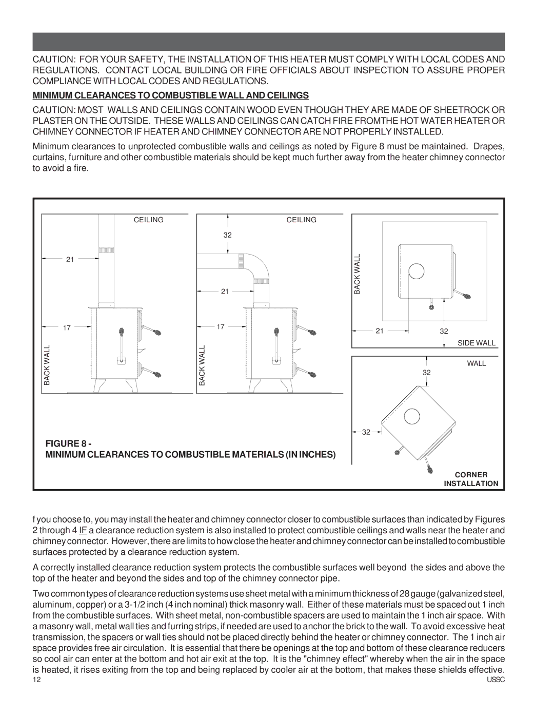 United States Stove ASA7, 4027 owner manual Heater Installation, Minimum Clearances to Combustible Wall and Ceilings 