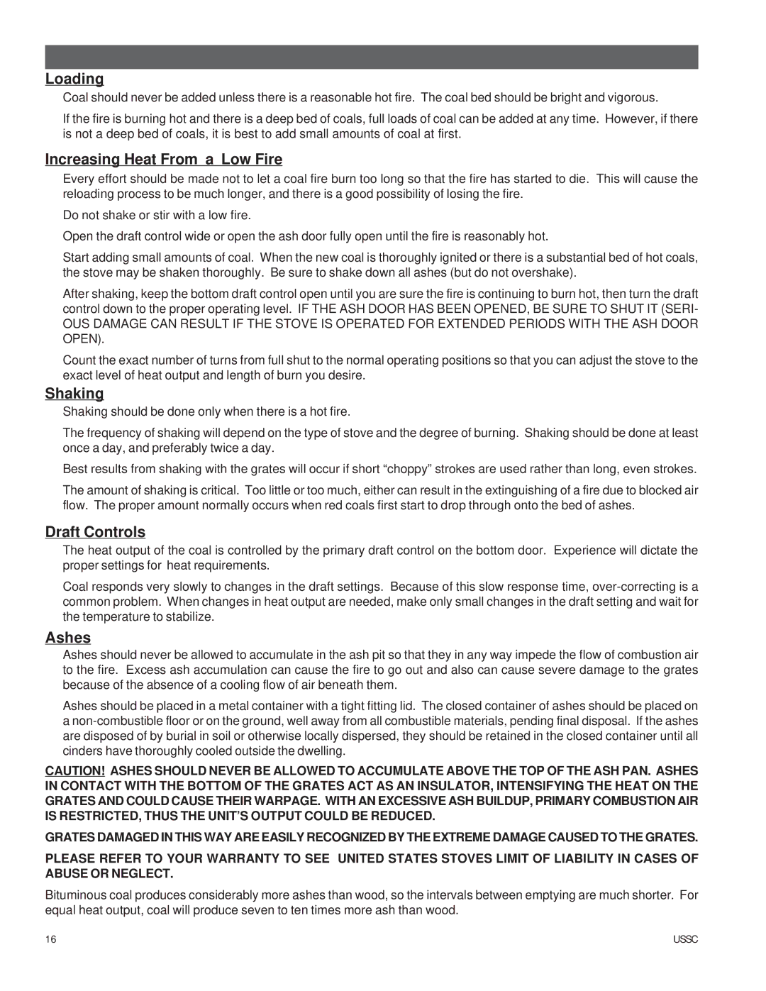 United States Stove ASA7, 4027 owner manual Loading, Increasing Heat From a Low Fire, Shaking, Draft Controls, Ashes 