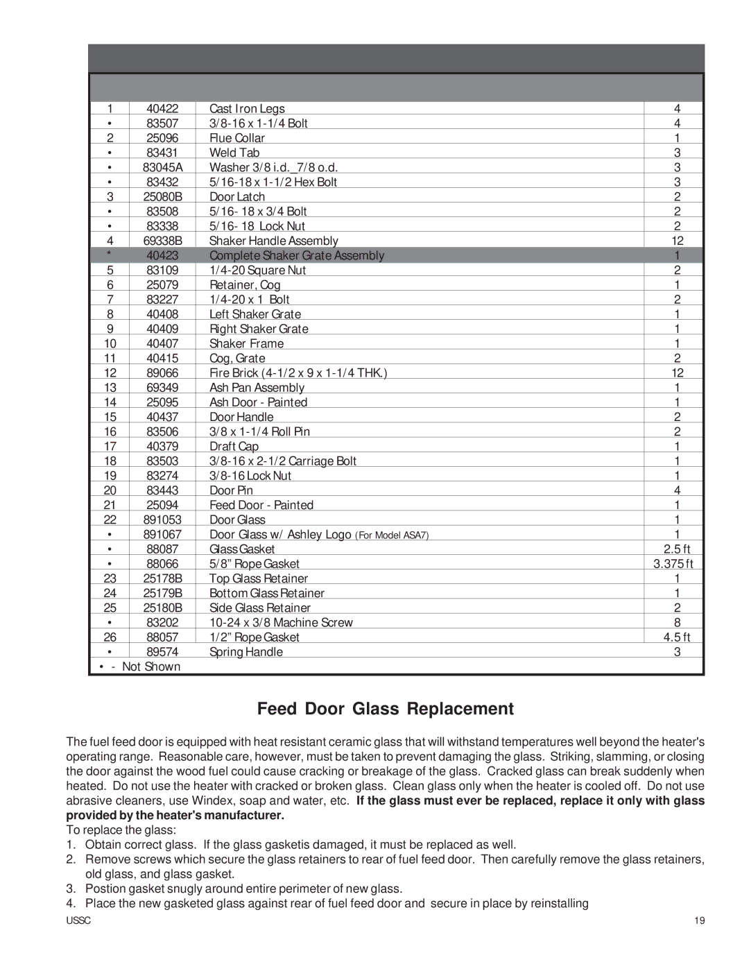 United States Stove owner manual Model 4027 & ASA7 Parts List 