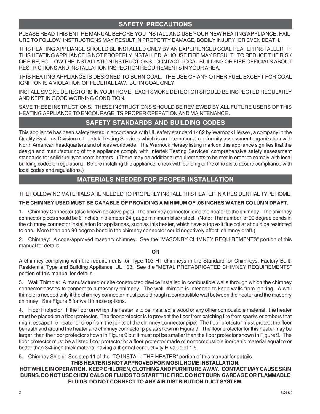 United States Stove ASA7 Safety Precautions, Safety Standards and Building Codes, Materials Needed for Proper Installation 