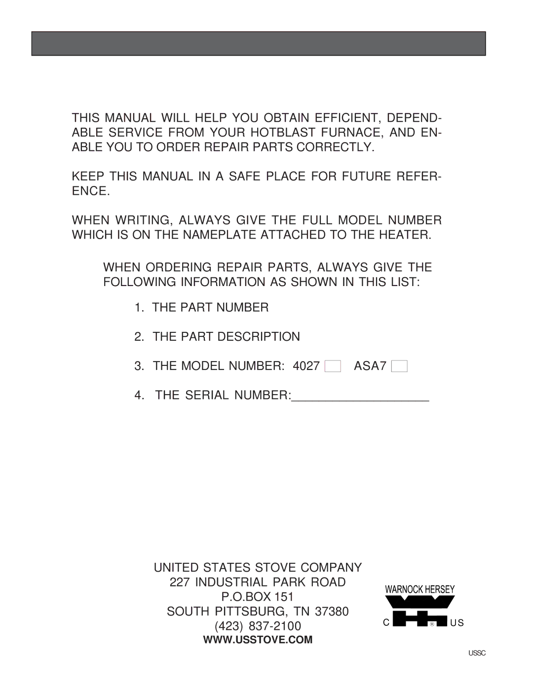 United States Stove ASA7, 4027 owner manual HOW to Order Repair Parts 