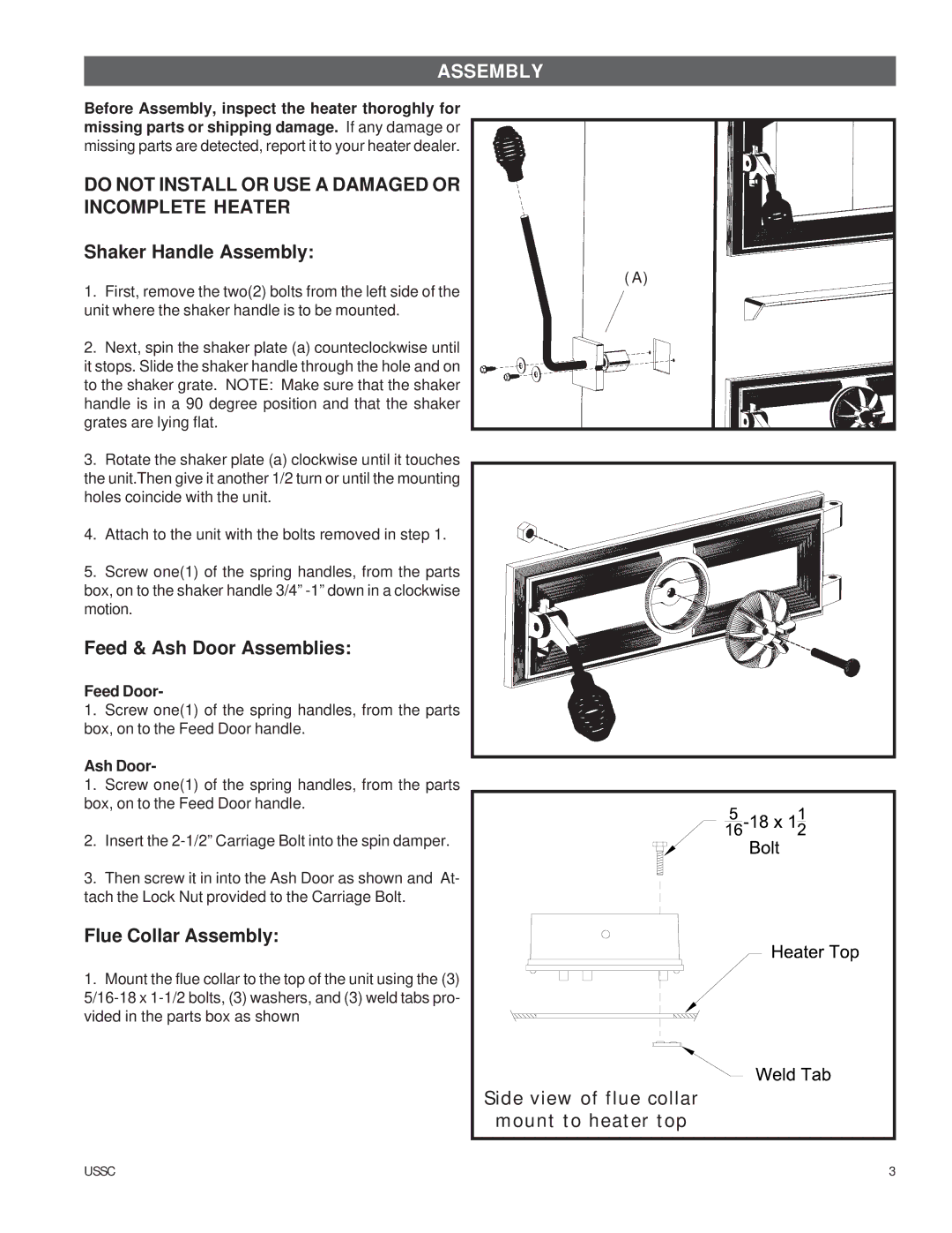 United States Stove 4027, ASA7 owner manual Shaker Handle Assembly, Feed & Ash Door Assemblies, Flue Collar Assembly 