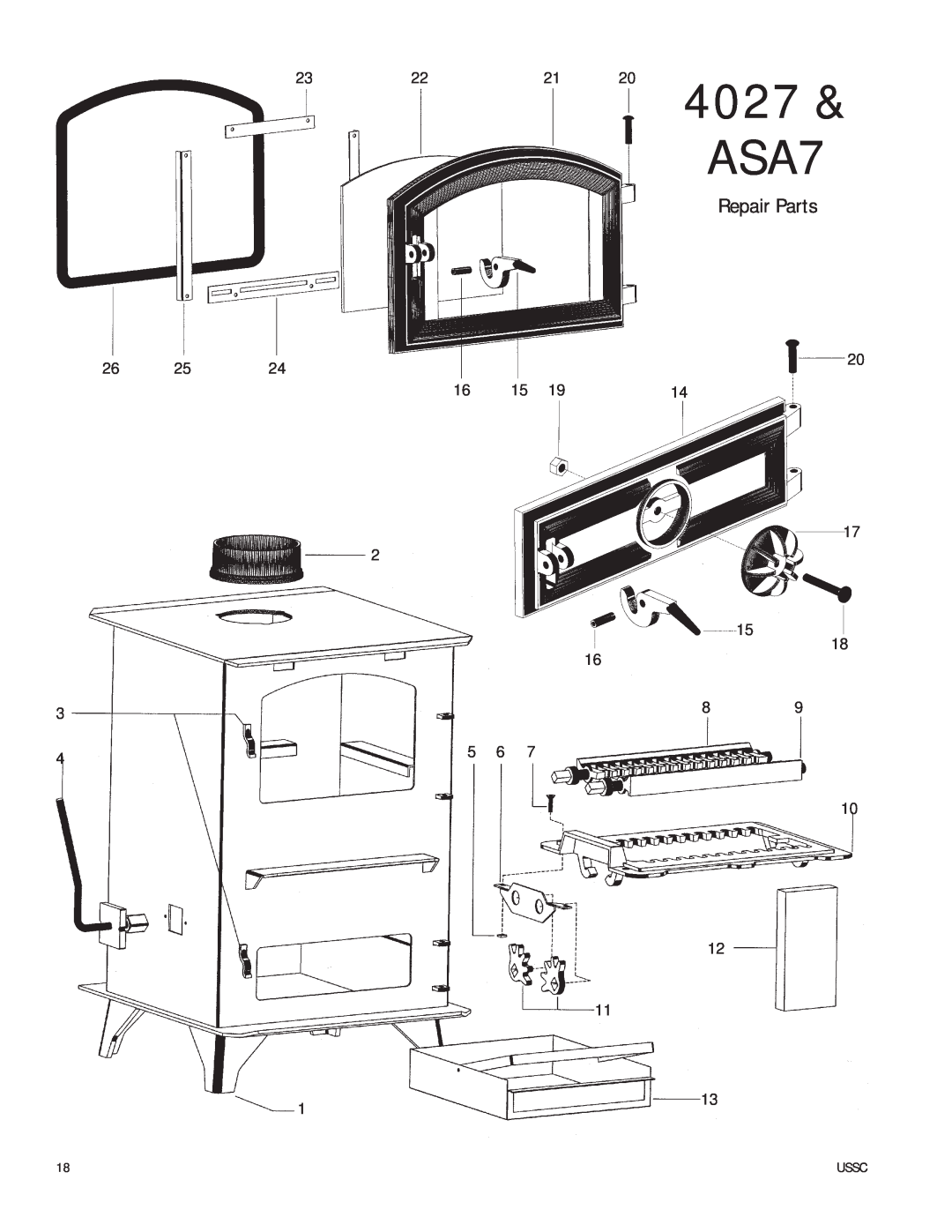 United States Stove owner manual 204027 & ASA7, Repair Parts, 8 10 12 11, Ussc 