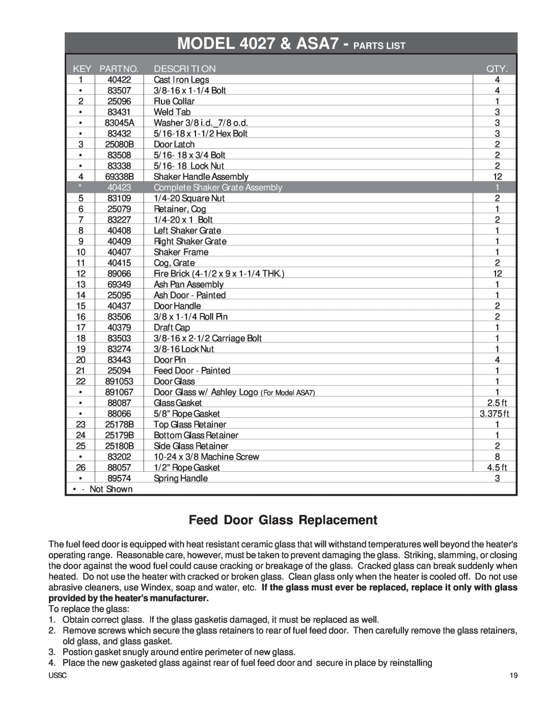 United States Stove owner manual Feed Door Glass Replacement, MODEL 4027 & ASA7 - PARTS LIST, Partno, Descrition, 40422 