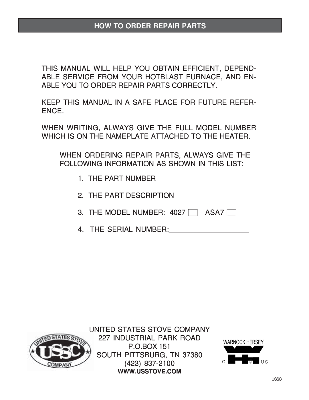 United States Stove ASA7, 4027 owner manual How To Order Repair Parts 
