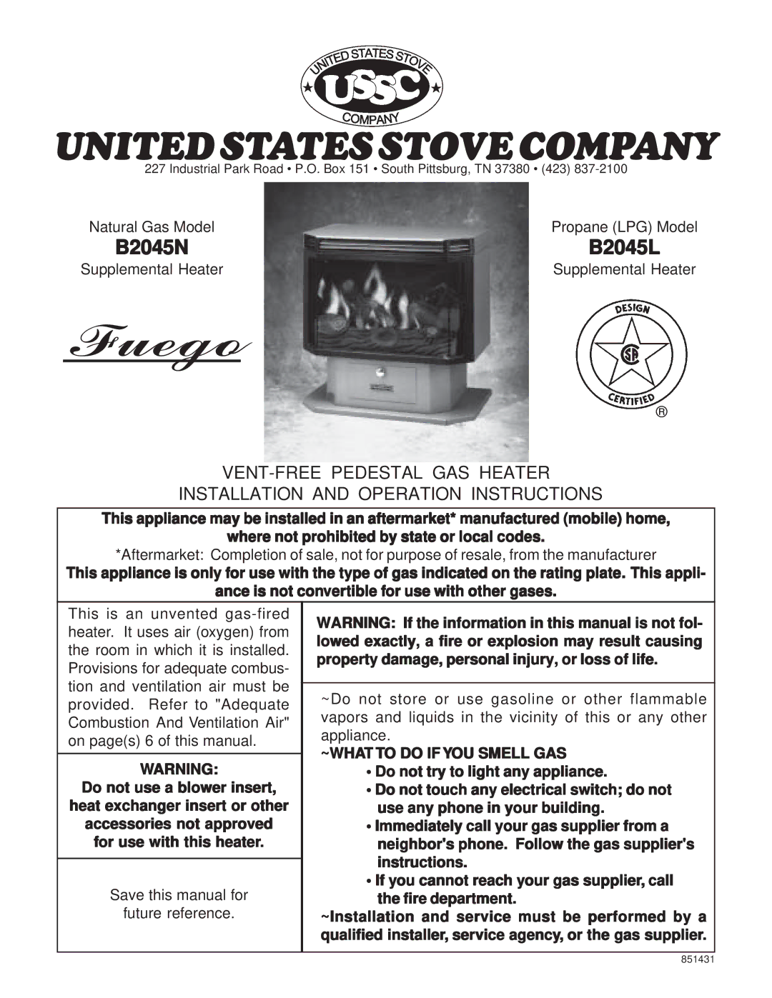 United States Stove B2045N, B2045L manual Fuego 