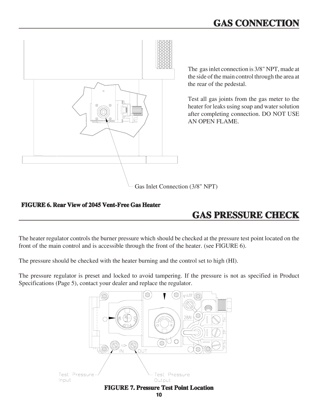 United States Stove B2045L, B2045N manual GAS Pressure Check, Rear View of 2045 Vent-Free Gas Heater 