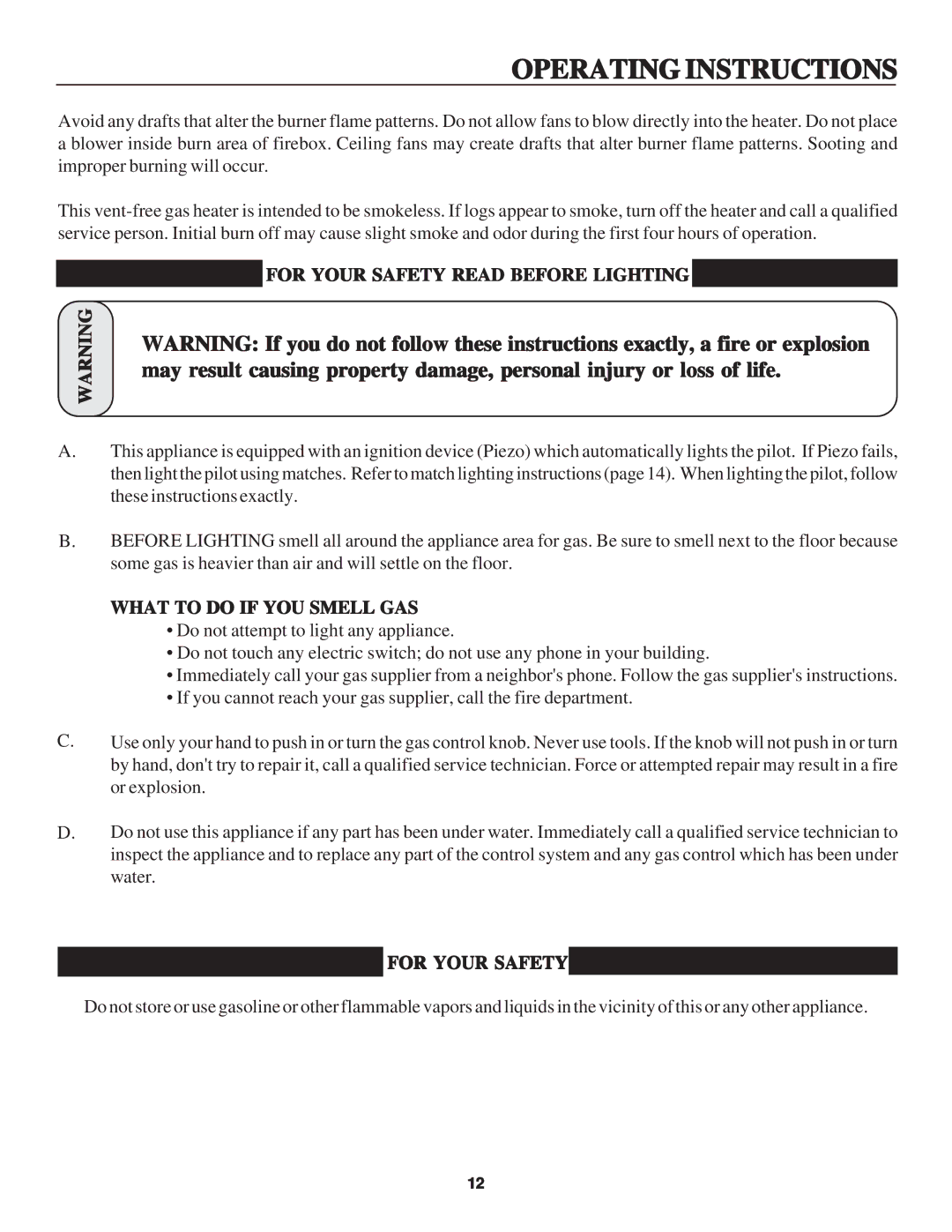 United States Stove B2045L manual Operating Instructions, For Your Safety Read Before Lighting, What to do if YOU Smell GAS 