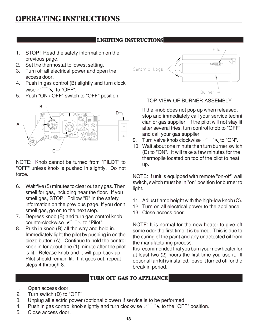 United States Stove B2045N, B2045L manual Lighting Instructions, Turn OFF GAS to Appliance 