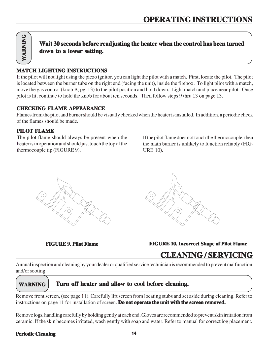 United States Stove B2045L manual Cleaning / Servicing, Match Lighting Instructions, Checking Flame Appearance, Pilot Flame 